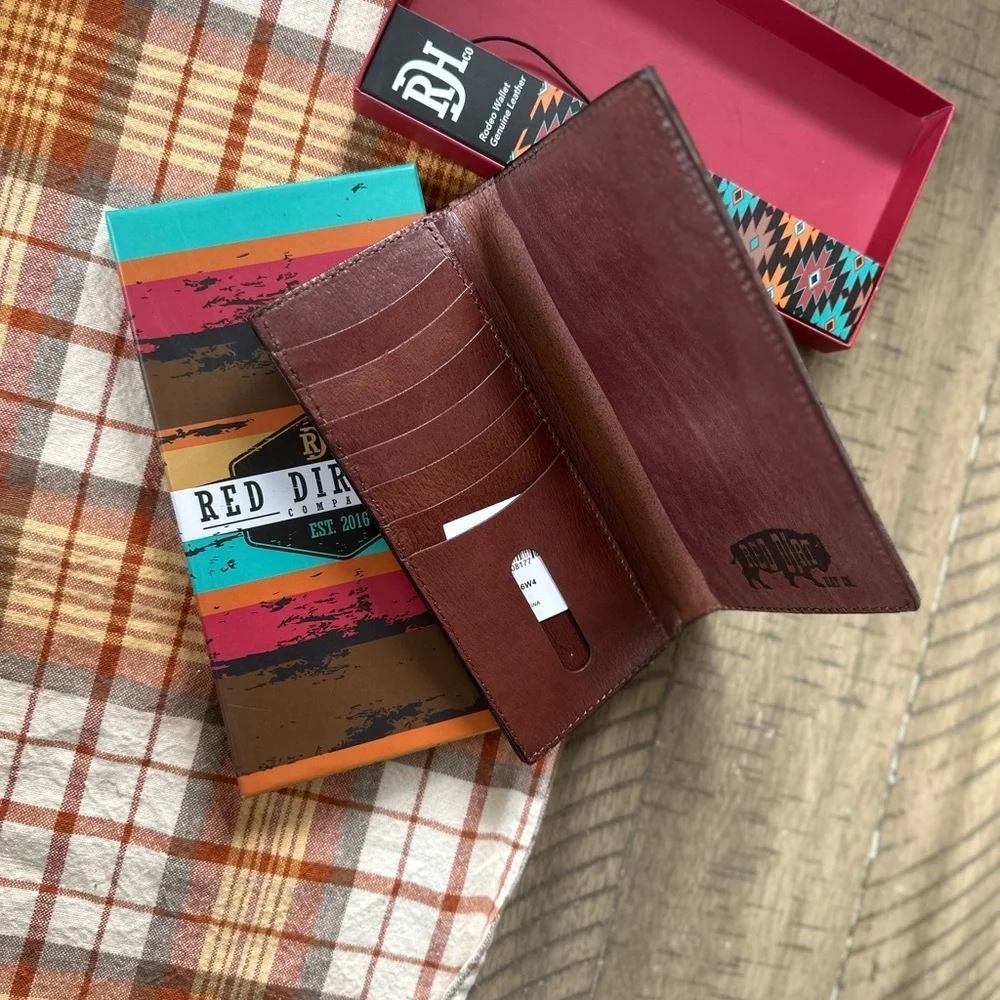 New Red Dirt Western Wallet Mens Rodeo Leather Southwestern Canvas Inlay Aztec